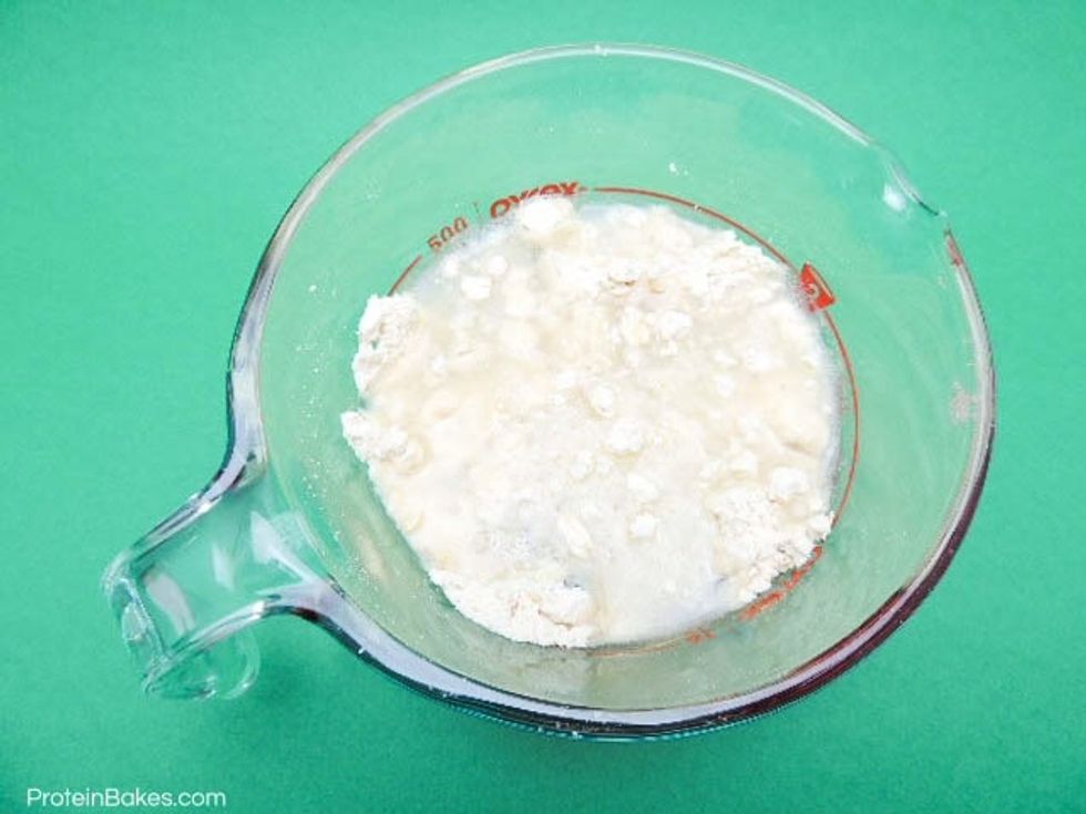 Add wet ingredients (egg whites & water) to dry, and combine well to achieve batter/dough. Make sure all incorporated evenly and no dry ingredients at the bottom.