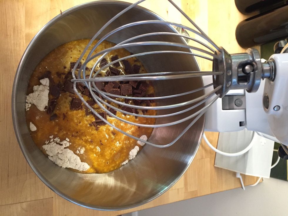 Add wet ingredients to dry ingredients. Add your chocolate chips/chunks.