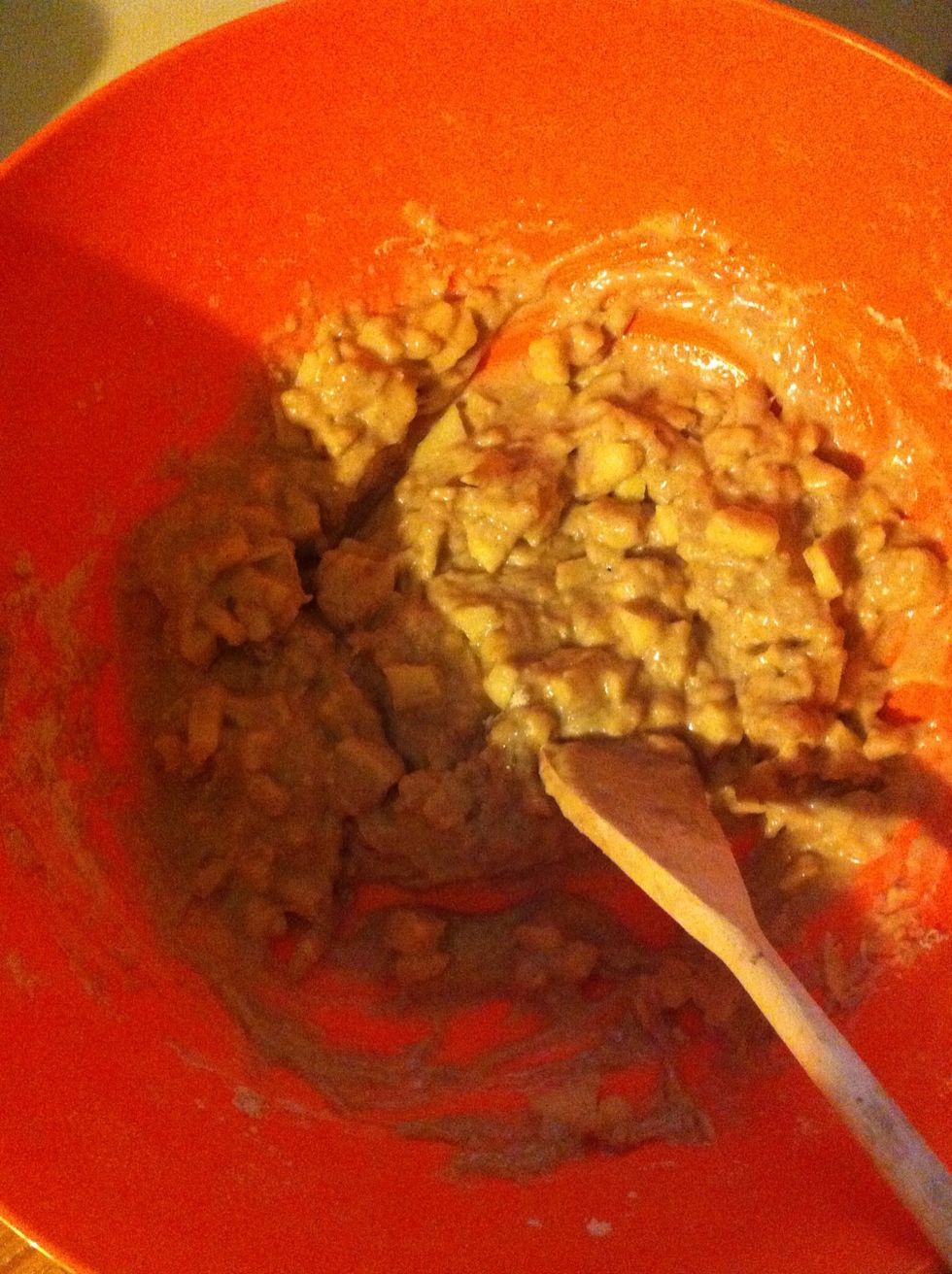 Add wet ingredients to dry ingredients & blend until just combined & then fold in the apples being careful not to over stir.