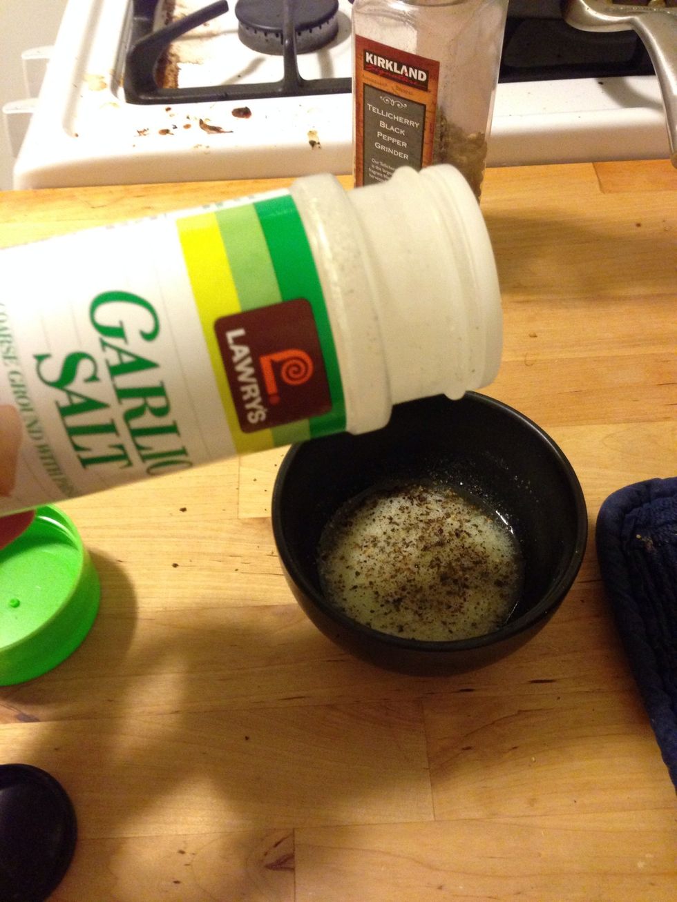 Add whatever seasonings you prefer on your steak. I added a pinch of black pepper, but it can be overpowering and I probably won't use again. Add a pinch of garlic salt.