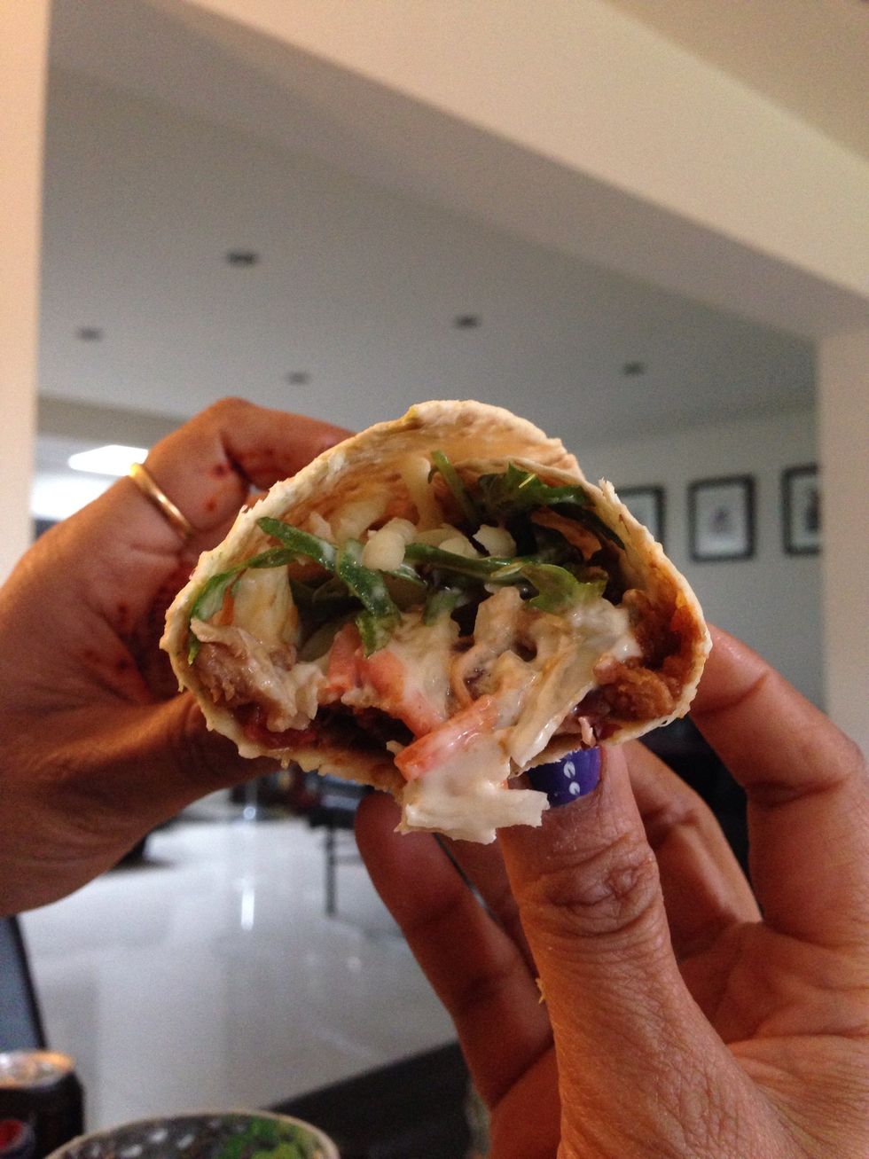 Add whatever you like, I have coleslaw and cheese and some salad