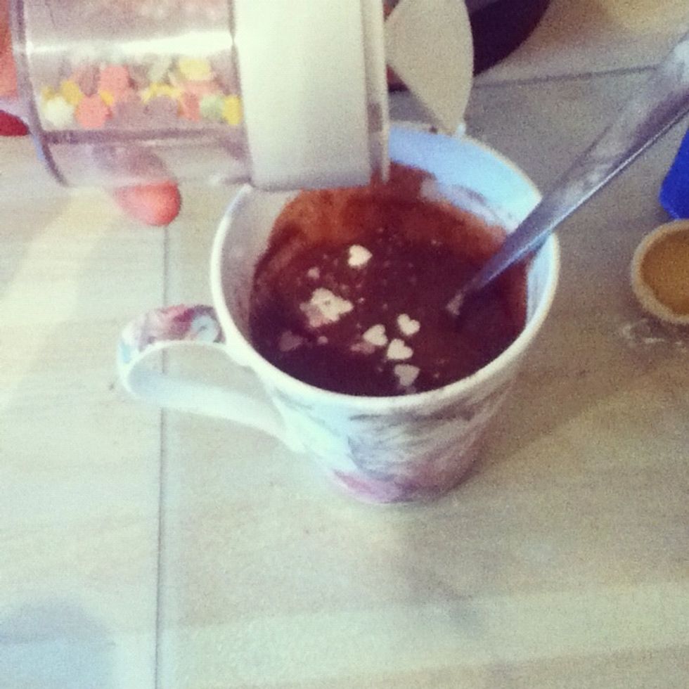 add whatever you want, like chocolate chips, the more chocolate the better \ud83d\ude04  I added little heart decoration things, because I personally like them :)