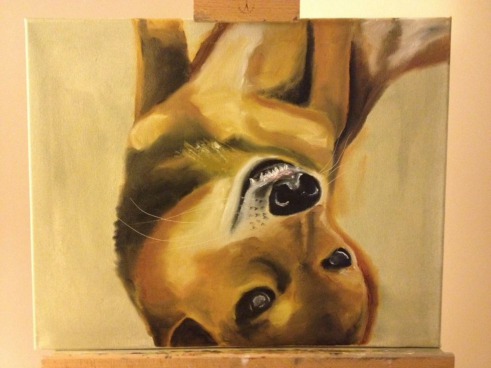 Add whiskers by scraping paint away with your putty knife. Then add white and a teeny bit of red to your knife and knife in the upper gums. White on a corner of the knife will dab in some teeth.