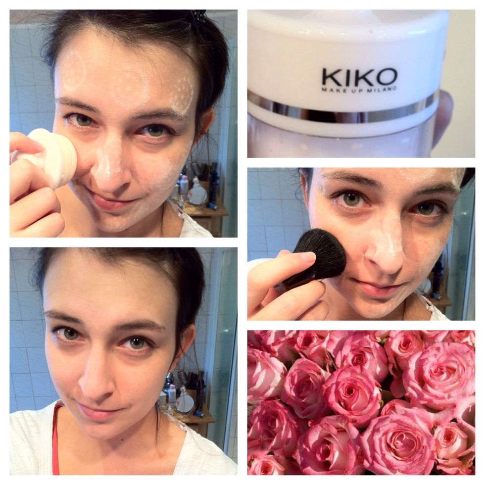 Add white loose powder all over your face, as if you were grubbing in flour \ud83d\ude09 Then work it in with a fluffy brush.