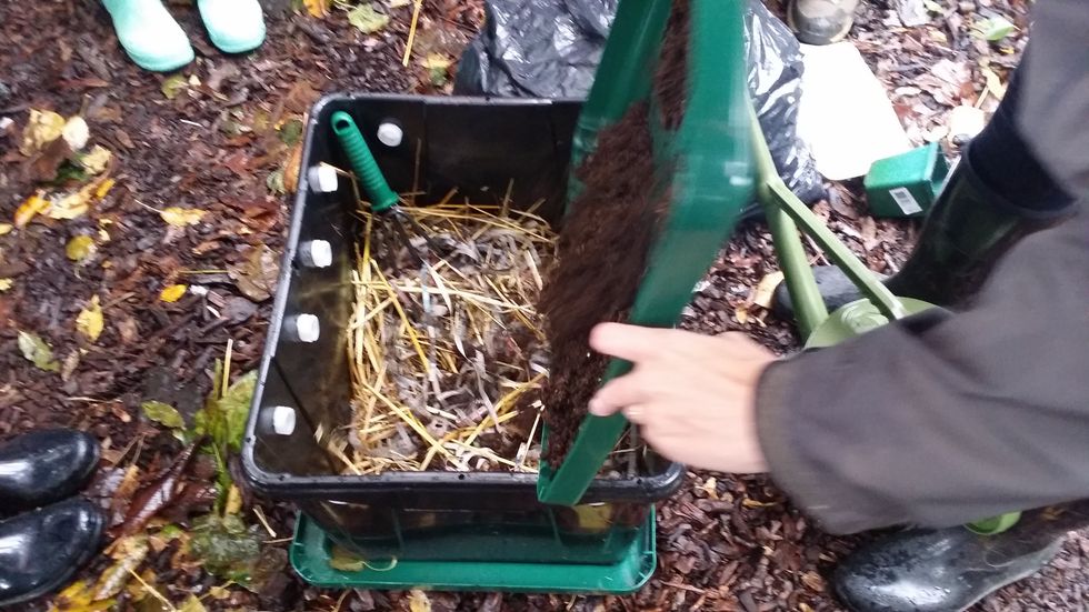 Add worms to the bedding. They will make their way down to the food. Leave the worms in the dark for a week at time before their next feeding. If they are happy, they will reproduce and will eat more!