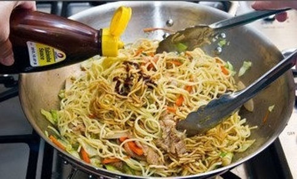 Add Yakisoba Sauce. Depending on the amount of ingredients, adjust the amount of sauce. Mix all together using a tong. Serve it immediately flyer you done cooking.