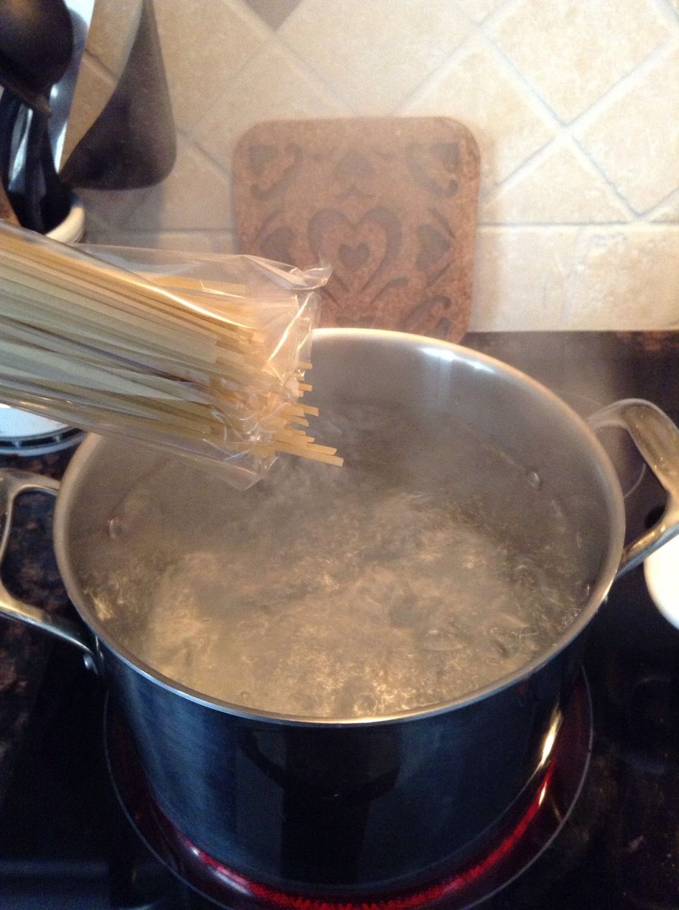 Add you 16 oz of Linguine to the boiling water & set your timer according to the package.