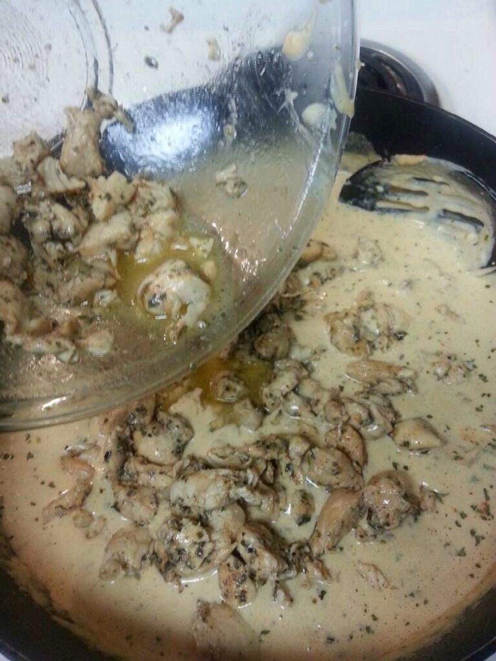 Add you chicken to sauce and yes you can use the juice from the chicken.. Add you peppers, garlic and mushrooms