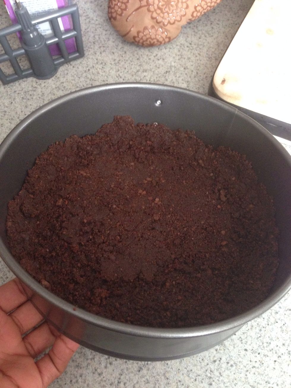 Add you crust to your springform pan, and bake for 10-15 mins. Once it's done, put crust in freezer for 10-15 mins.