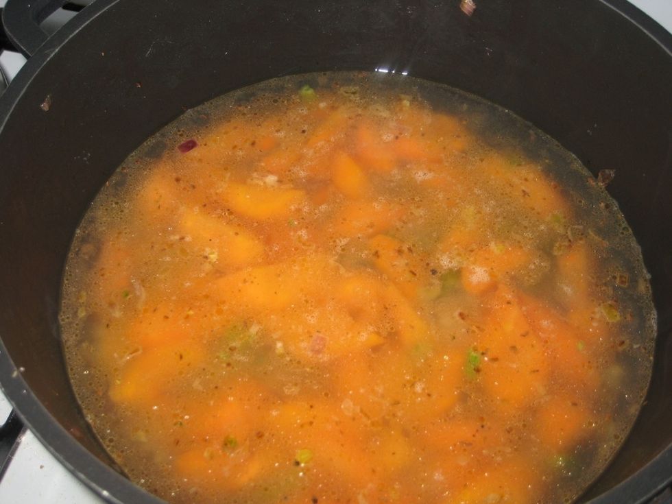 Add your 1 liter water/stock + salt and pepper and bring to boil on high heat. I use water and works great for me..