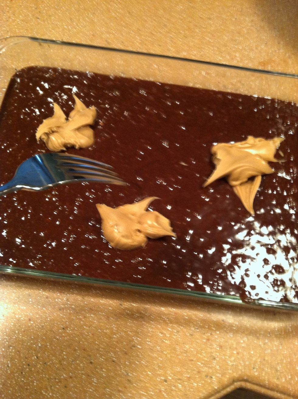 Add your 3 dollops of peanut butter on top of the mixture. Then take a fork and mix the peanut butter throughout the chocolate mixture lightly with strokes going back and forth