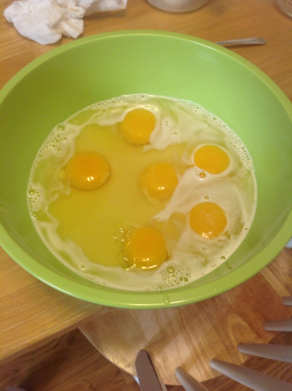 Add your 6 eggs to the milk.