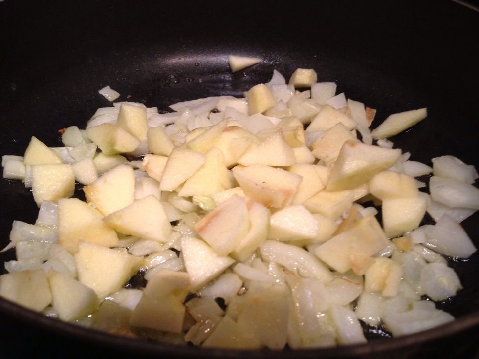 Add your apple and another pinch of salt. Turn up the heat and cook for 2 minutes or until the apple starts to turn brown, stirring occaisionally.