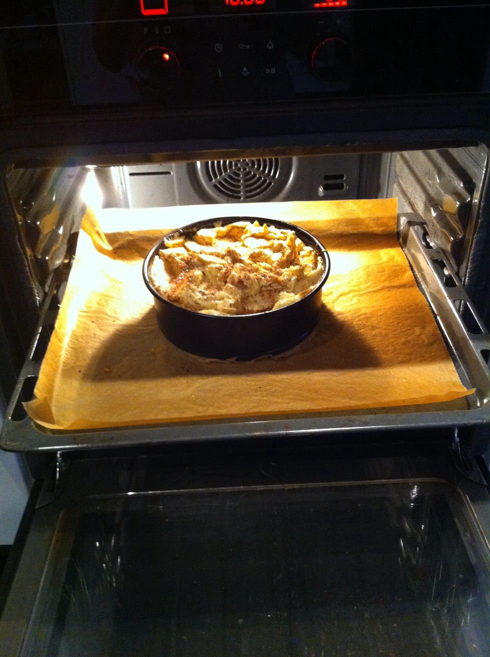 Add your apples and top it whith pearl sugar. Take it in your oven and wait for 50 minutes. If the cake get brown before it is done take some baking paper over it.