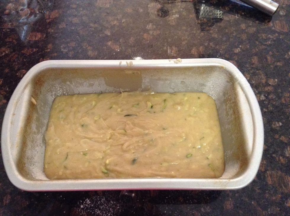 Add your batter to loaf pan and into hot oven that has been pre heated to 325 F degrees. Bake for 45-50 minutes, until tooth pick clean.