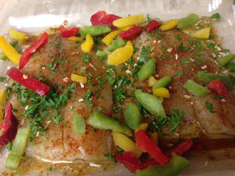 Add your bell pepper blend. I used frozen ones, but thawed will work as well.