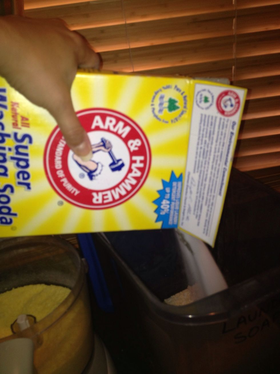 Add your box of Arm and Hammer Super Washing Soda to your container. You can mix as you add ingredients if you like. It might make your final product more even.