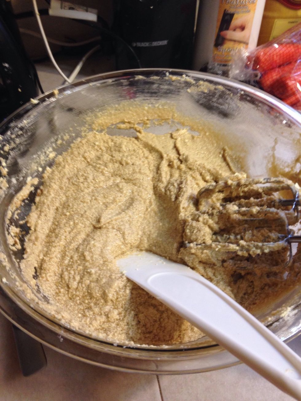 Add your brown and white sugar plus vanilla and beat again