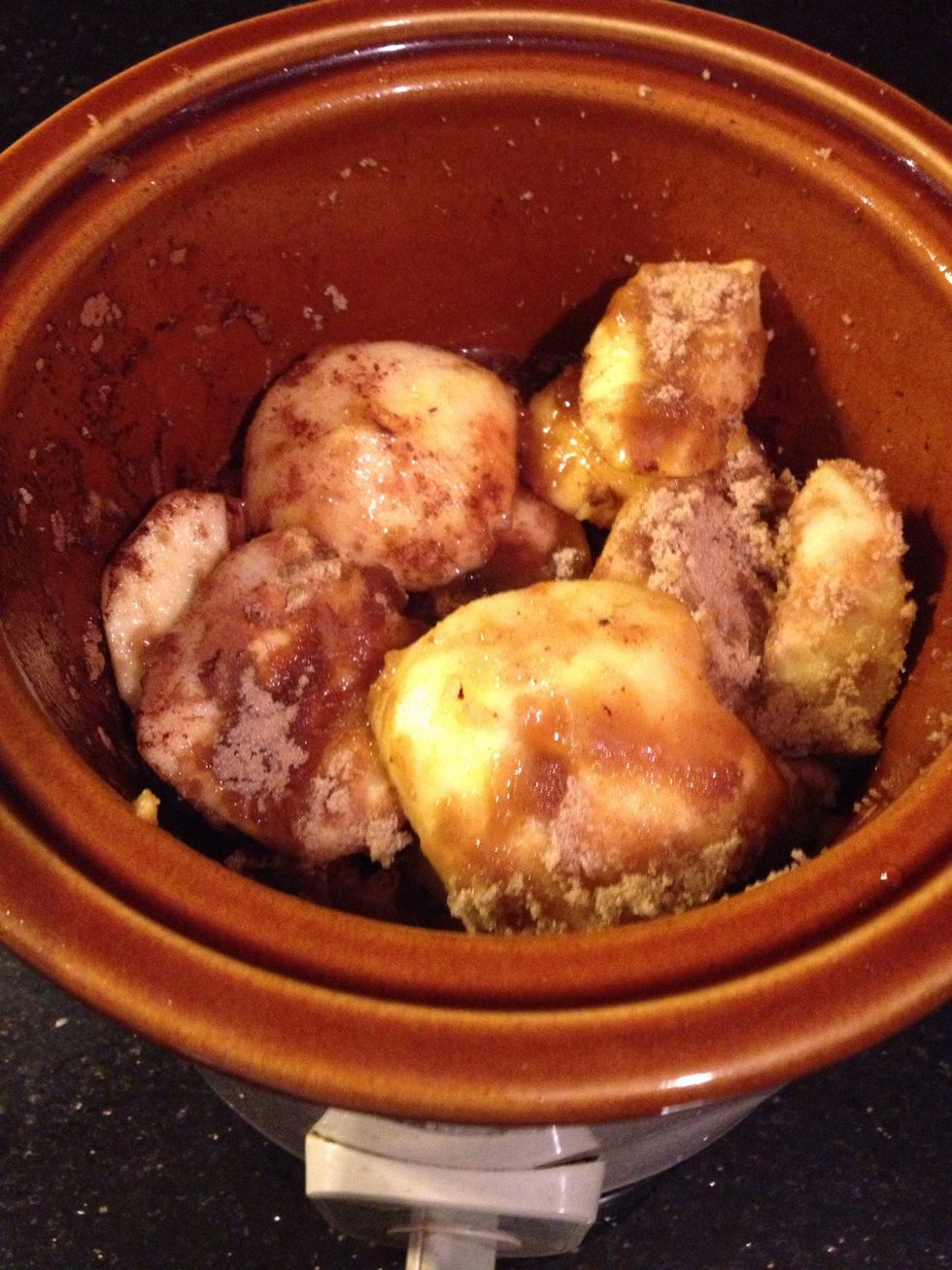 Add your brown sugar, cinnamon, apple juice and water. And mix well. Then close the lid and put on low for 7 hours. ( if you leave it up to 9 hours its usually fine , crock pots very )