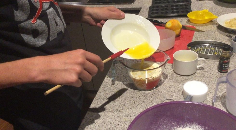 Add your butter, banana, milk and blueberries into the jug and mix it together