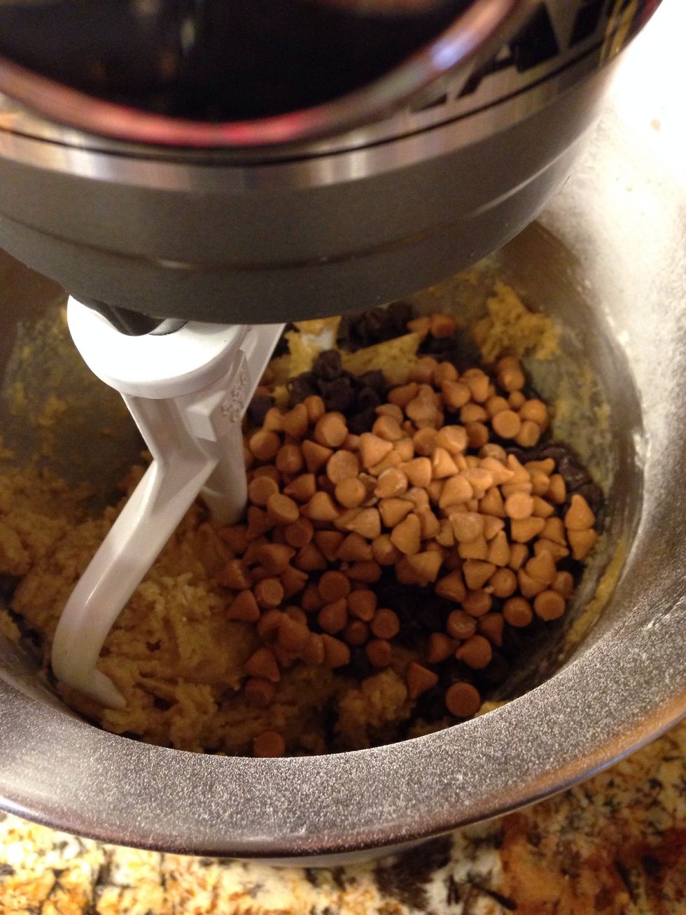 Add your butterscotch and Chocolate chips! Feel free to taste test at this point ;)