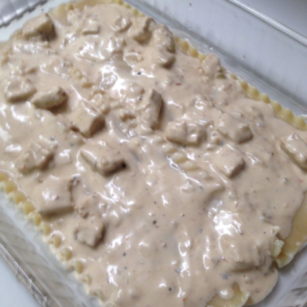 Add your chicken and alfredo mixture to your first layer; Spread evenly.