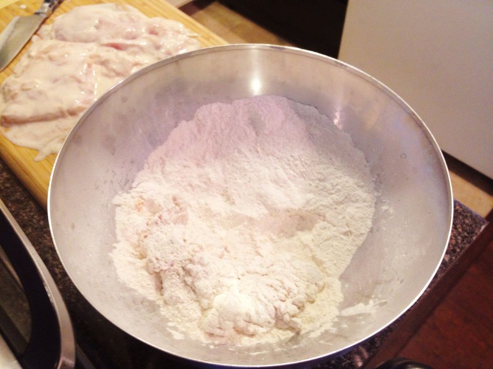 Add your Chicken that was marinated in the buttermilk overnight. \ud83c\udf57