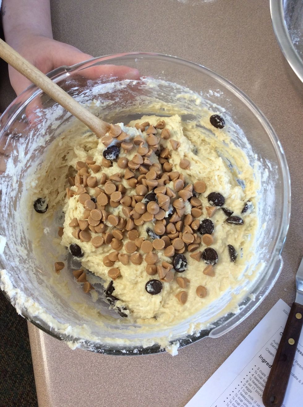 Add your chocolate chips and peanut butter chips.