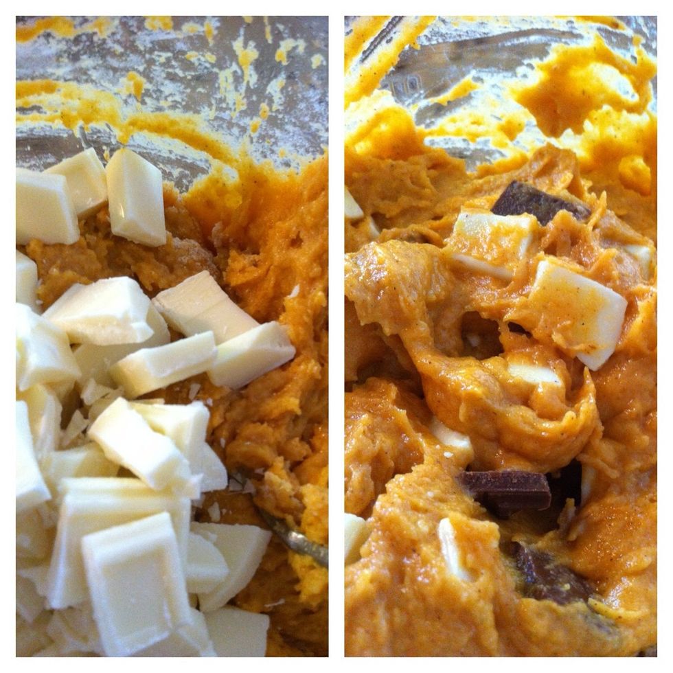 Add your chopped chocolate (two white choc bars) and then, I add milk chocolate as well. The white choc alone is perfect if you don't want to mix in another kind