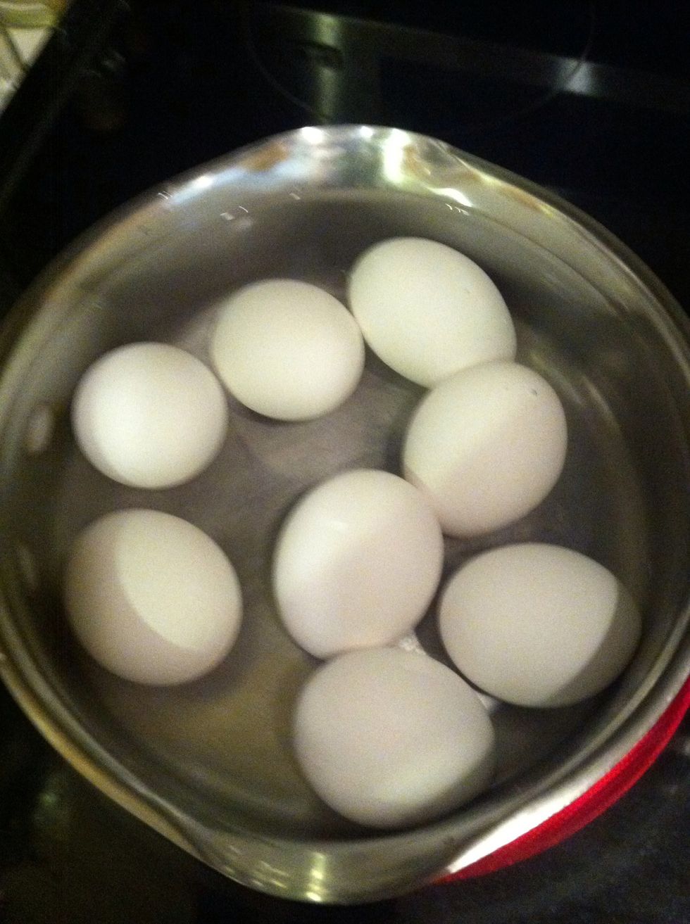 Add your cold water to your pot to cover the eggs. Put your eggs in.