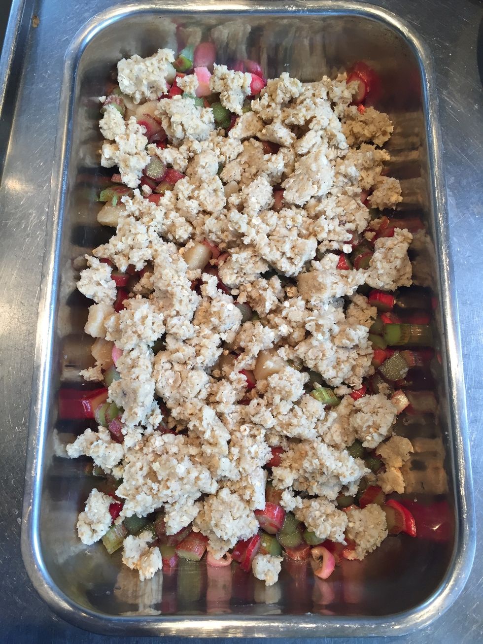 Add your crumble to the rhubarbs.