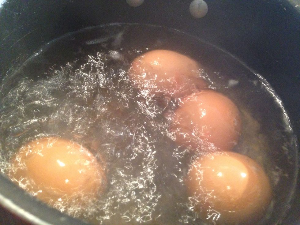 Add your eggs into a saucepan of cold water and bring it to the boil, as soon as the water starts to bubble remove pan from the heat