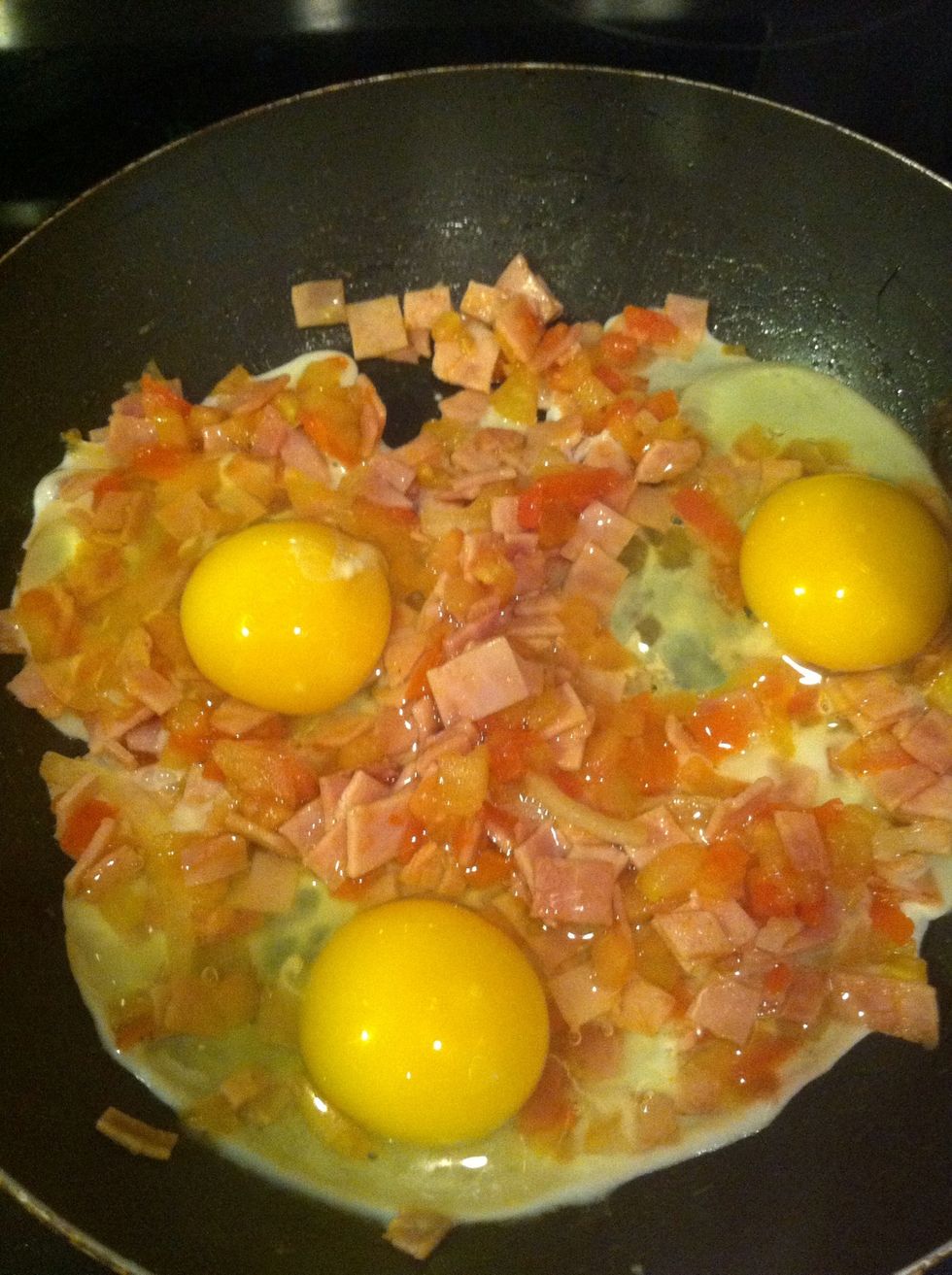 Add your eggs, salt and pepper and scramble in pan. Or u can scramble them in different dish and pour them in pan