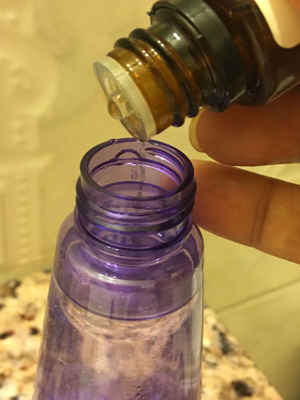 Add your favorite Essential Oils. I used about 30+ drops of Lavender. You can add more if you prefer. Shake the bottle to mix completely. Enjoy!