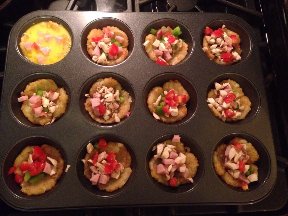 Add your favorite ingredients to each muffin tin then pour egg mixture into each muffin well to almost nearly the top.