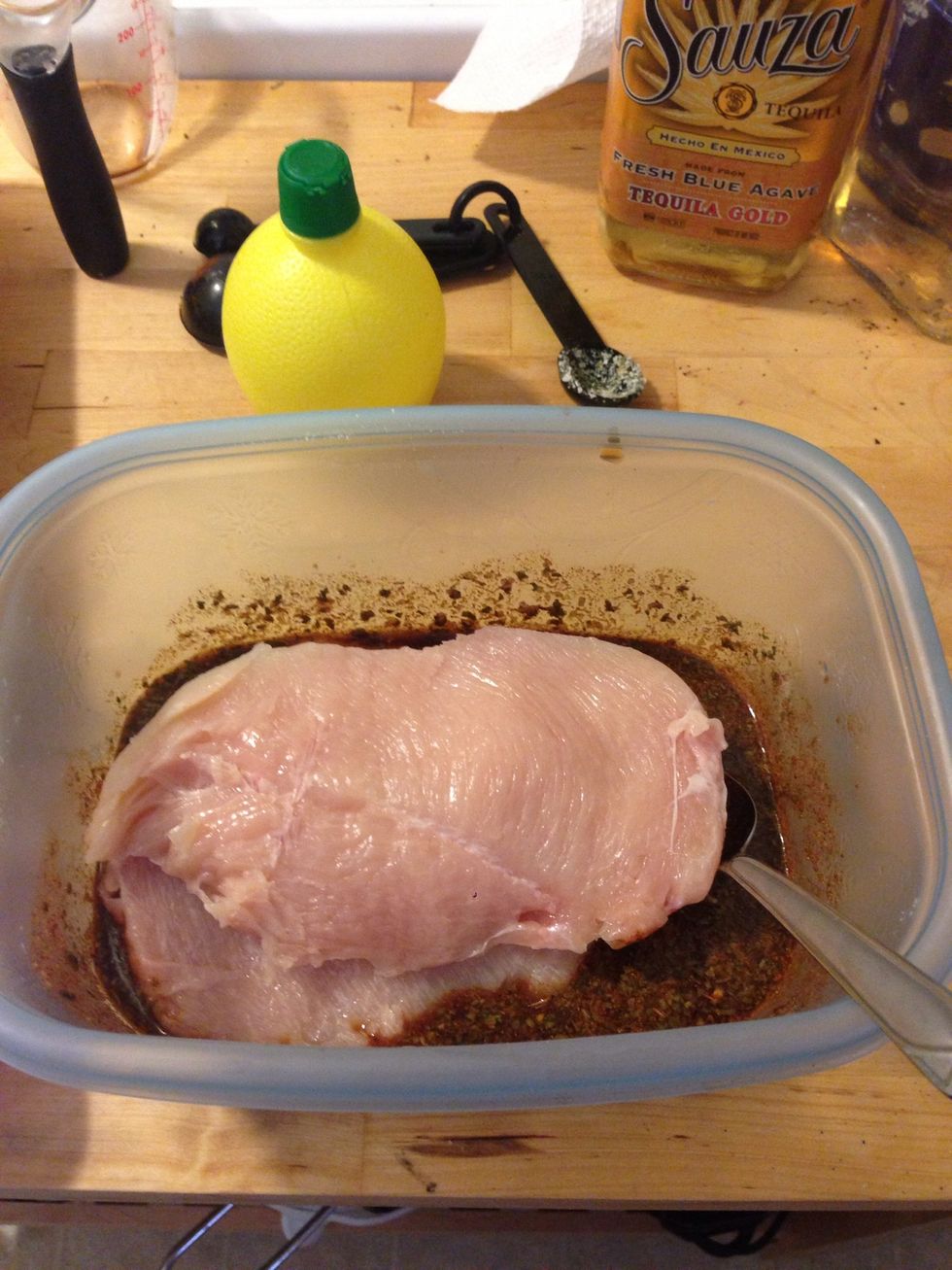 Add your filleted chicken to the mixture.