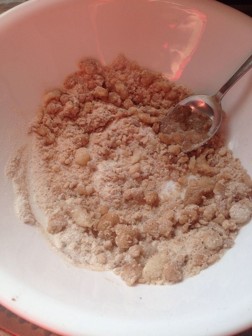 Add your flour, sugar, cinnamon, nutmeg,salt, and lemon juice and mix a few times. (Until lumps appear but flour is still white.)