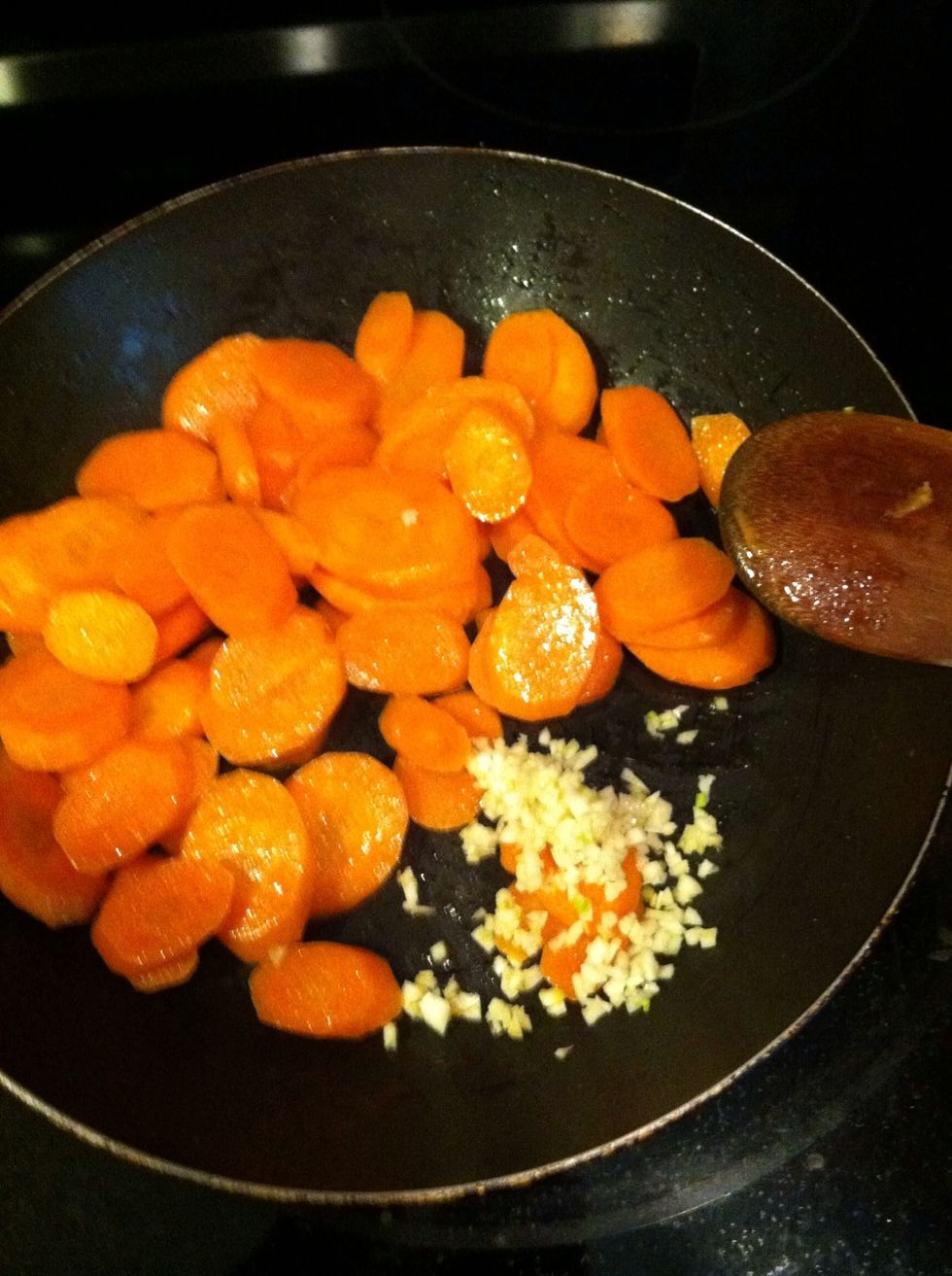 Add your garlic and saut\u00e9 about 30 seconds