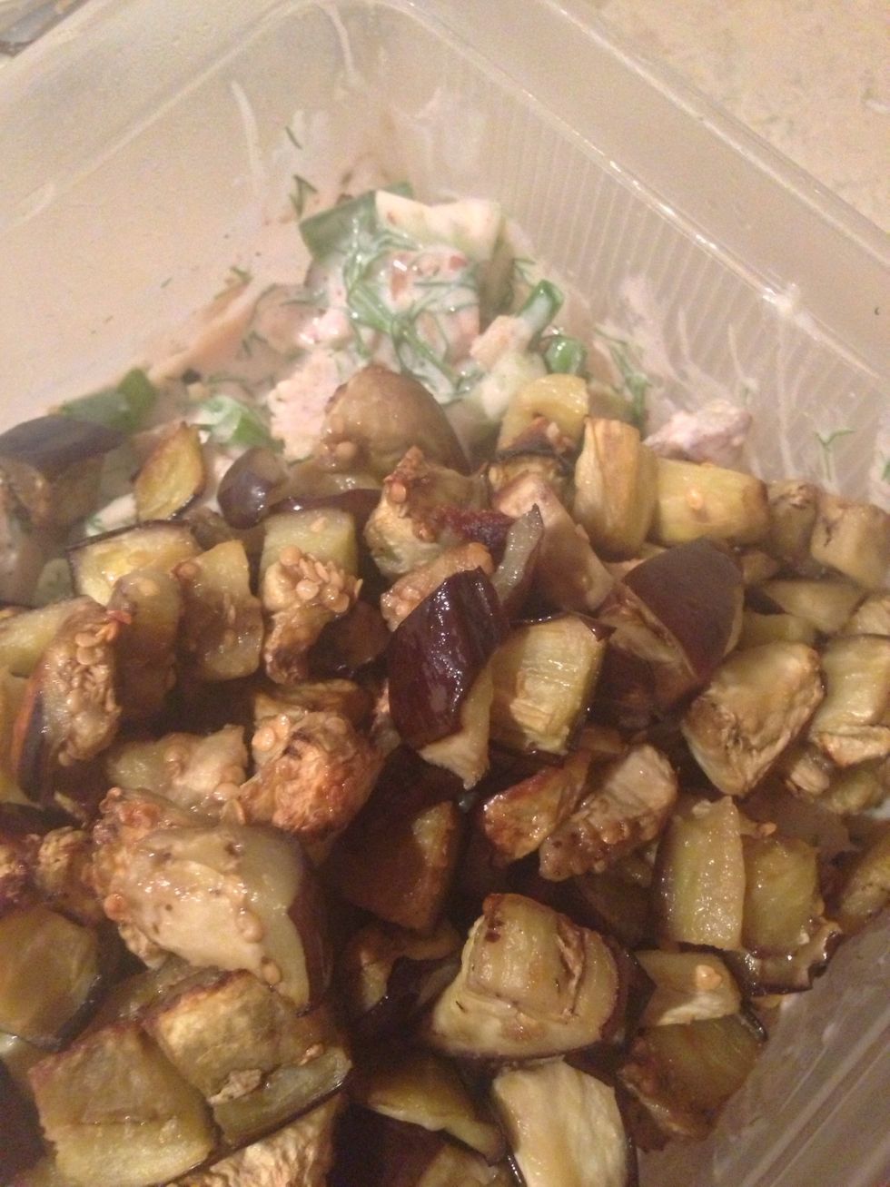 Add your golden egglants and the chopped green onion.
