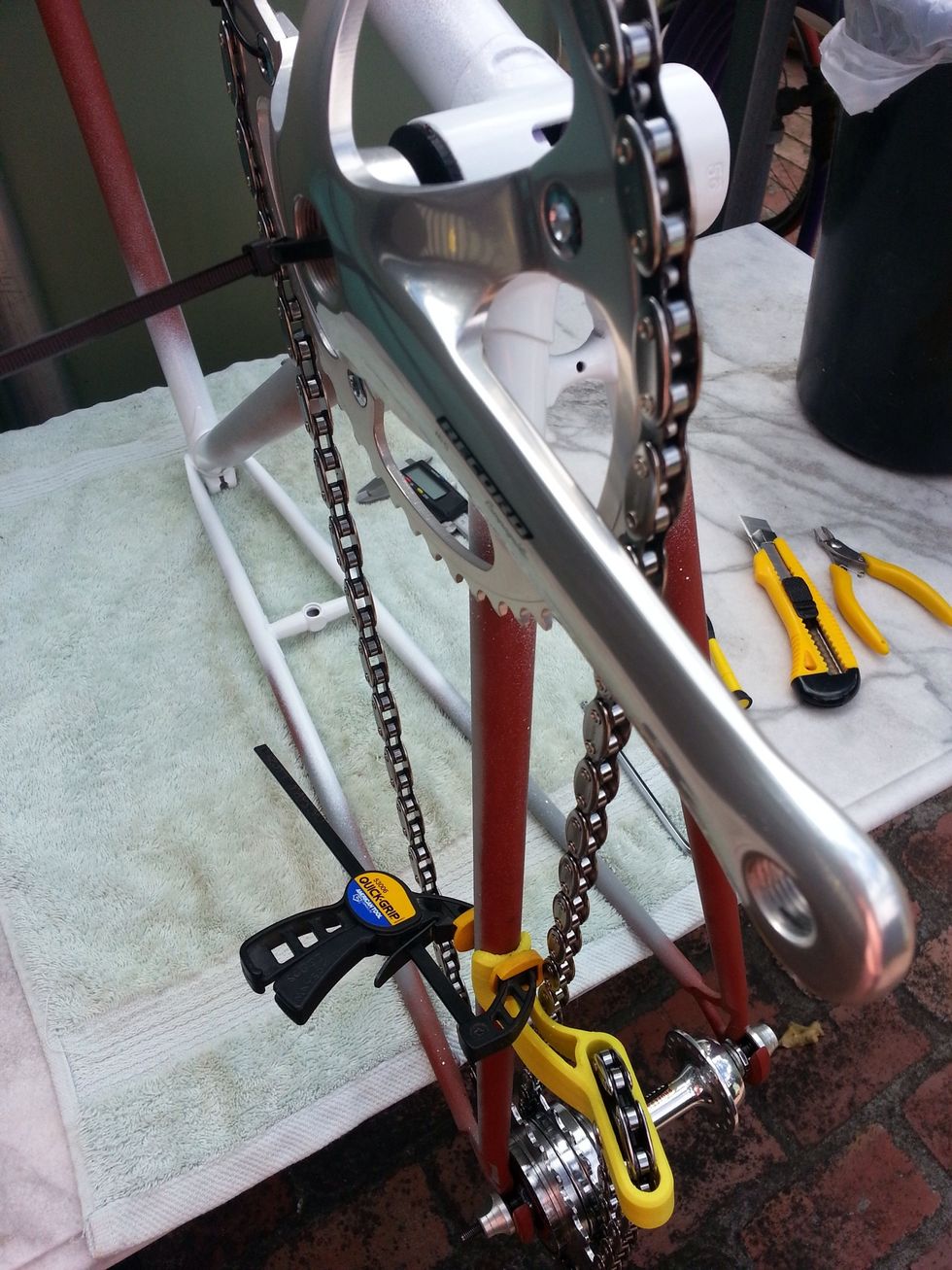 Add your hardware and freewheels, jockey wheel mount (JWM) & chain either 1/8 or easier 3/32. Mark the position of JWM in order to locate fastener in bottom of the chain stay.