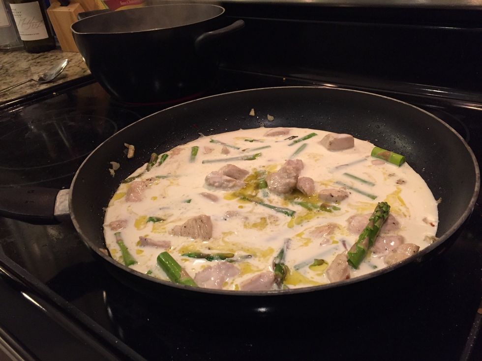 Add your heavy cream! Taste, and add some more salt & pepper at this stage if you think it's necessary.