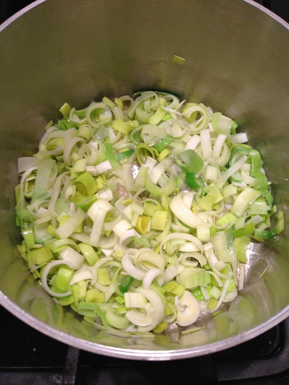 Add your leaks and continue to cook on medium-low heat until they have a transparent sheen.