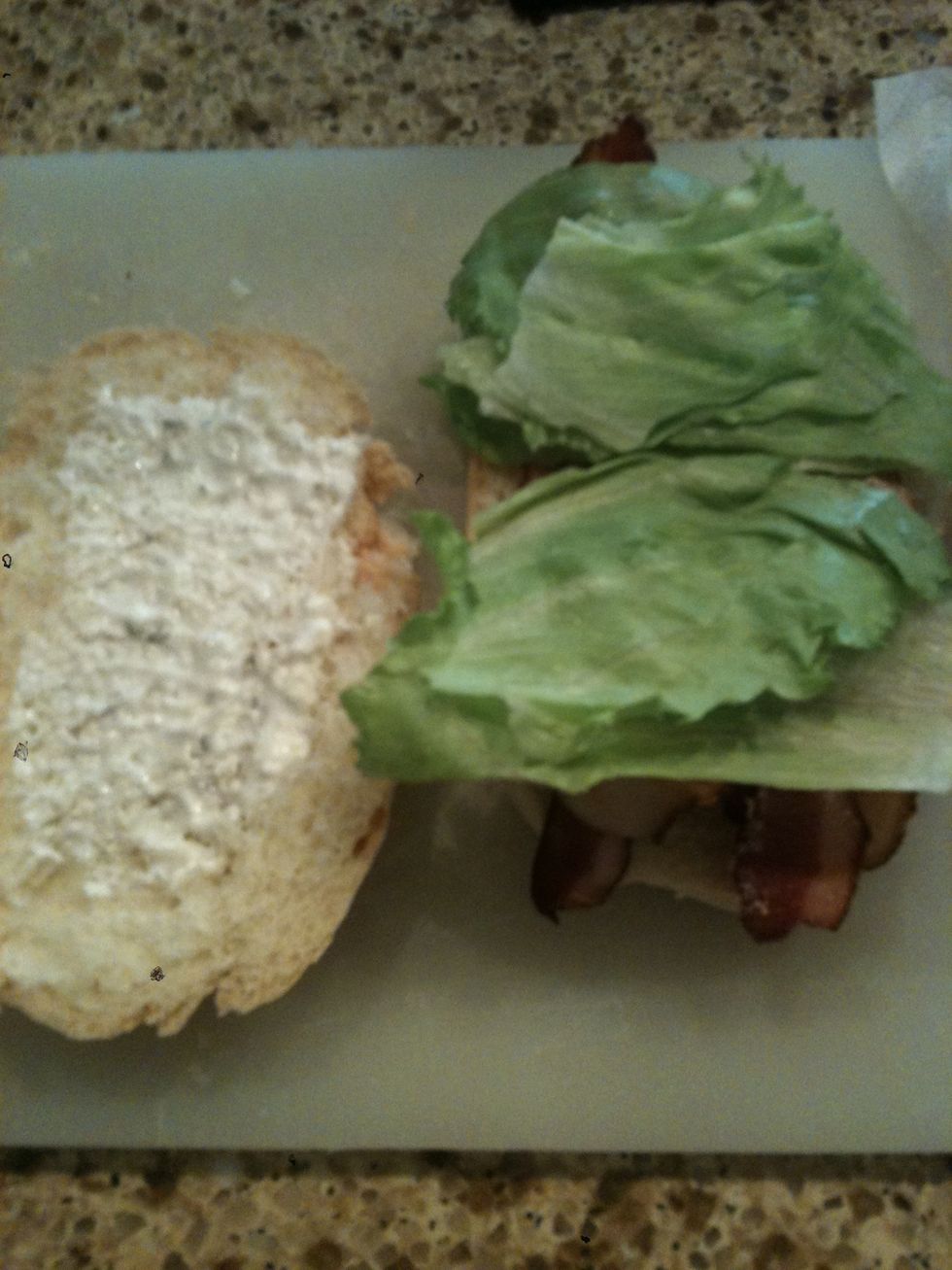 Add your lettuce on top of the bacon but going across the bacon as opposed to with it for easier cutting later