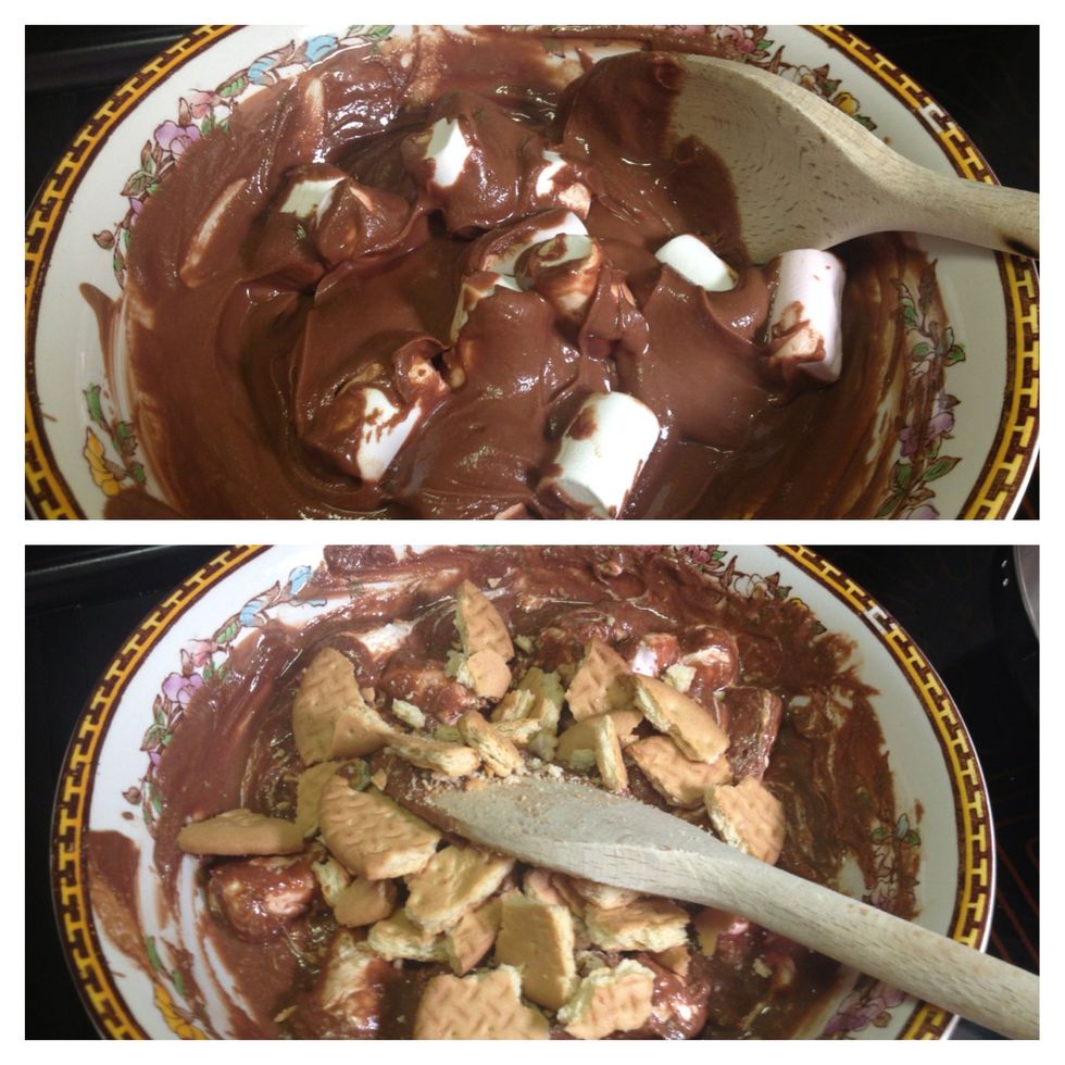 Add your marshmallows & biscuits (& dried fruit if you like) and stir. If you like your marshmallows a bit gooier then let them melt a bit first before adding the biscuit pieces.