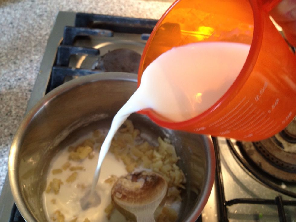 Add your milk and stir. Bring to the boil and add salt and pepper. You can also add some nutmeg. Serve with any fried meat, like pork or beef.