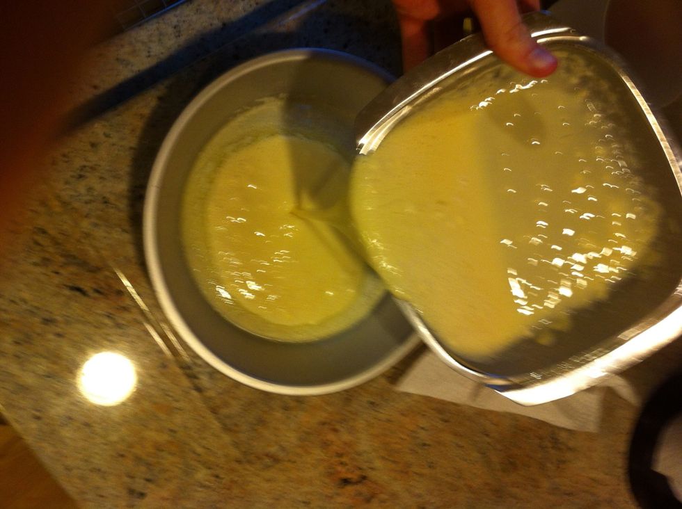 Add your mixture to it. Do not stir it up. The butter is your nonstick friend