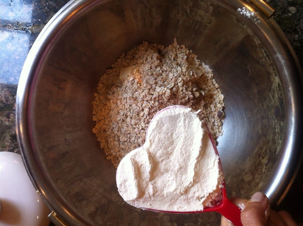 Add your one cup of oats and one cup of flour in your cinnamon / brown sugar mixture and mix for your oatmeal strudel!