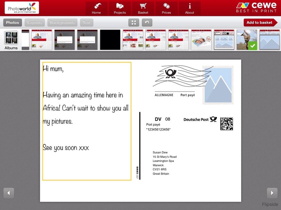 Add your own text on the back like you would on a traditional postcard