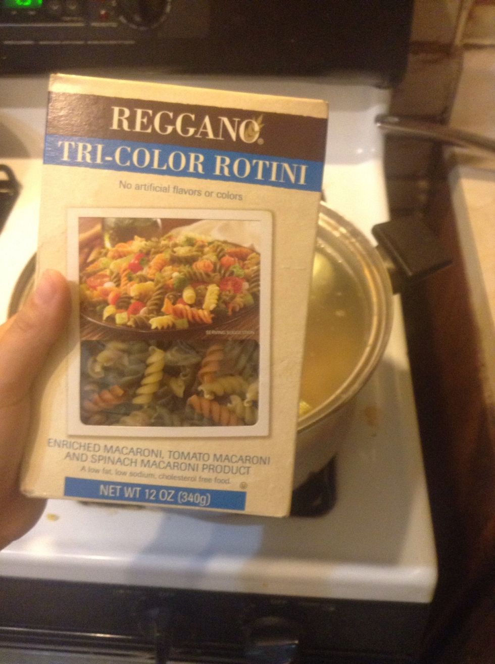 Add your pasta. You can use any that you want. I chose the tri-colored, but really any will work. Even spaghetti! I've tried tons, and they're all tasty.