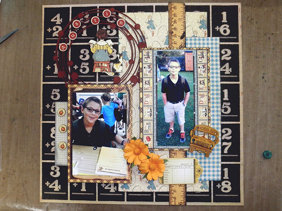 Add your photos to the two cut-aparts and glue to the layout.    The one on the right is 2.75" from the top and 2" from the side.  The one on the left is 1.25" from the bottom & 1.75" from the side.